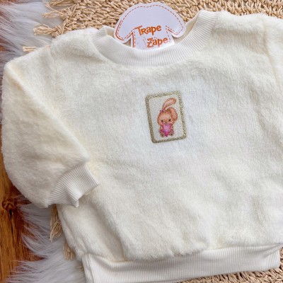 Conj. Casaco de Pelinho Coelhinha com Estrela e Calça em Plush - Off White e Verde